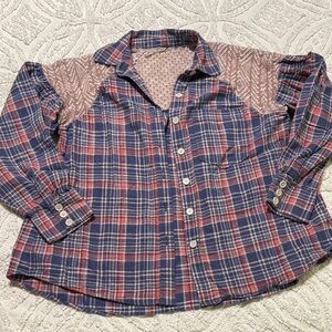 Free People Blue & Red Plaid Button-Down Shirt with Crochet